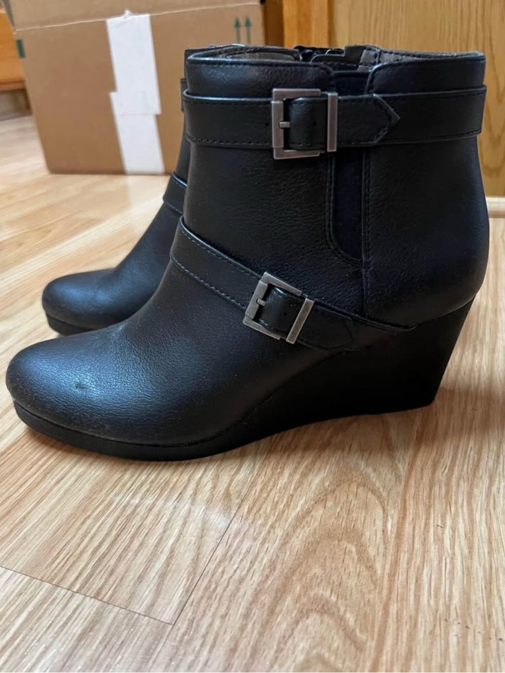 Life Stride Black Wedge Ankle Booties with Buckle Straps
